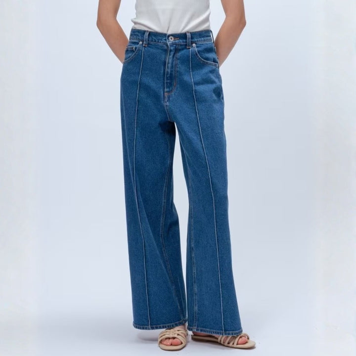 中線設計彈性丹寧寬褲 - 淺藍｜cloenc