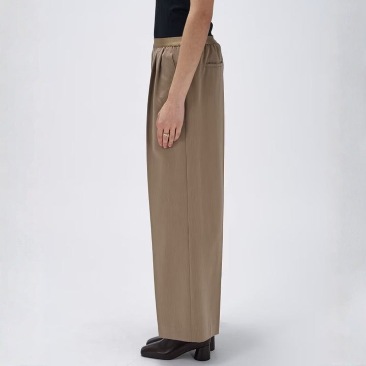打褶設計鬆緊腰帶寬直筒褲 - 灰米｜cloenc