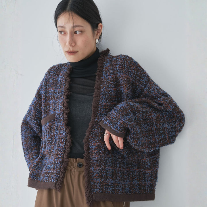 流蘇設計格紋開襟衫 - 深棕｜Audrey and John Wad