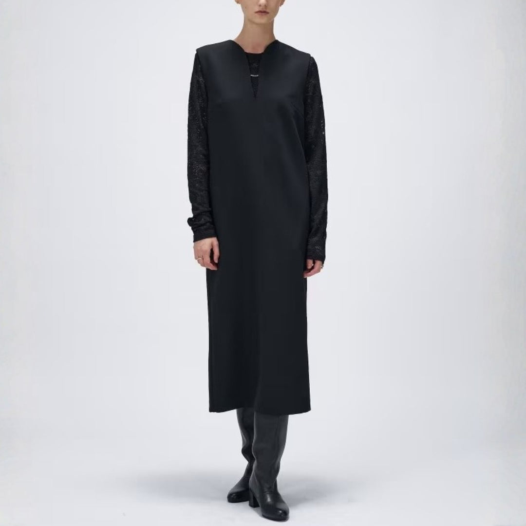 金屬飾條V領無袖連身裙 - 黑｜cloenc