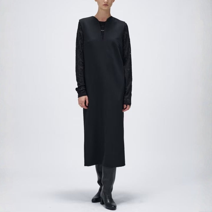 金屬飾條V領無袖連身裙 - 黑｜cloenc