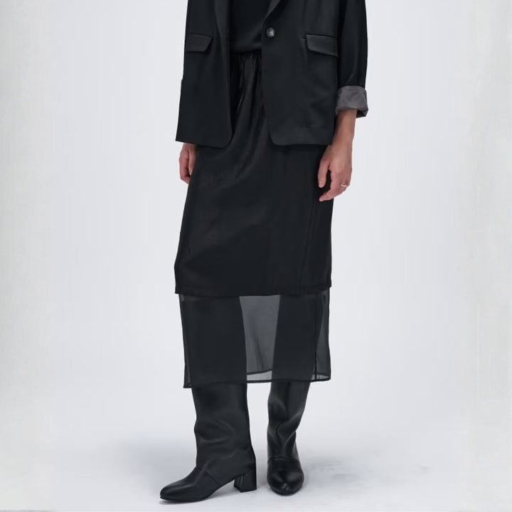 薄透層次感拼接裙 - 黑｜cloenc