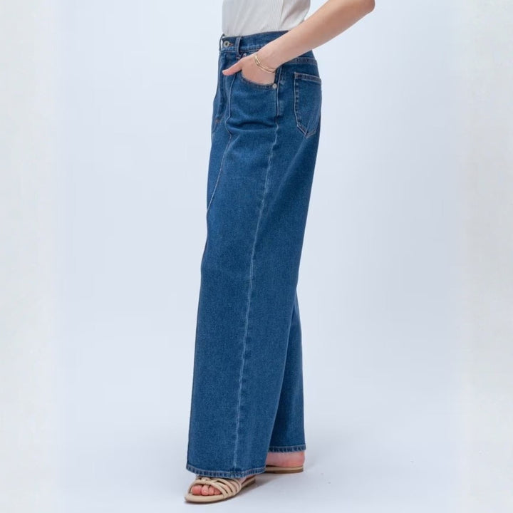 中線設計彈性丹寧寬褲 - 淺藍｜cloenc