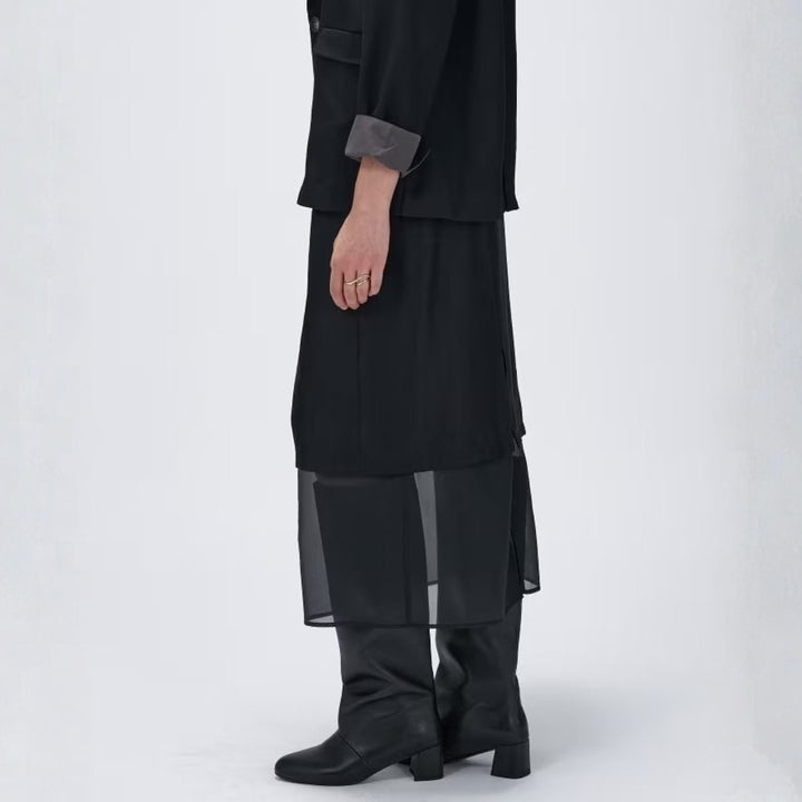 薄透層次感拼接裙 - 黑｜cloenc