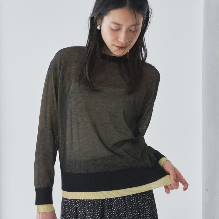 層次拼色微透膚針織上衣 - 黑｜Audrey and John Wad