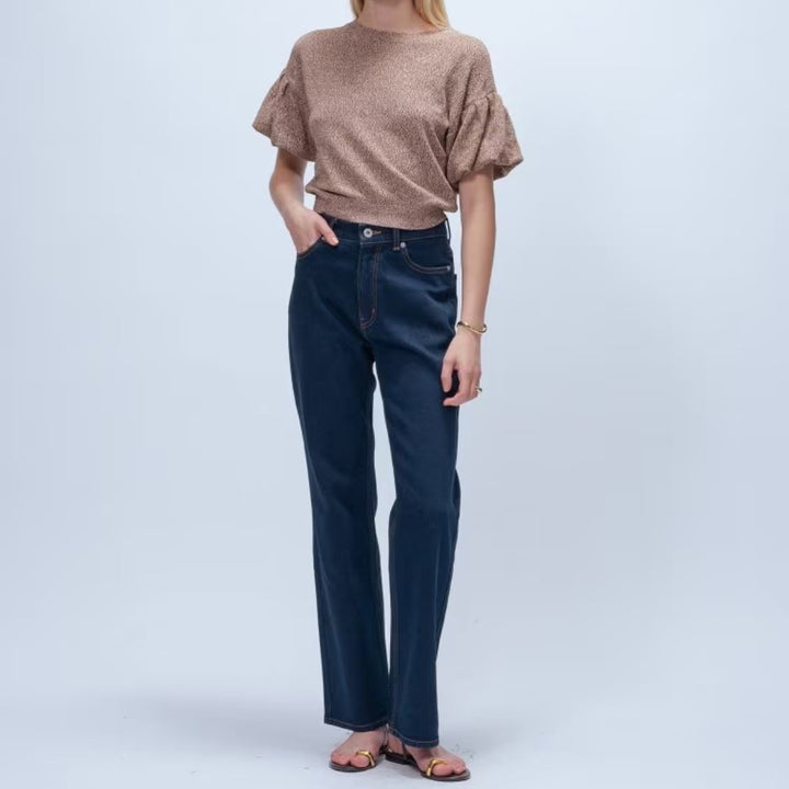 簡約彈性單寧喇叭褲 - 深藍｜cloenc
