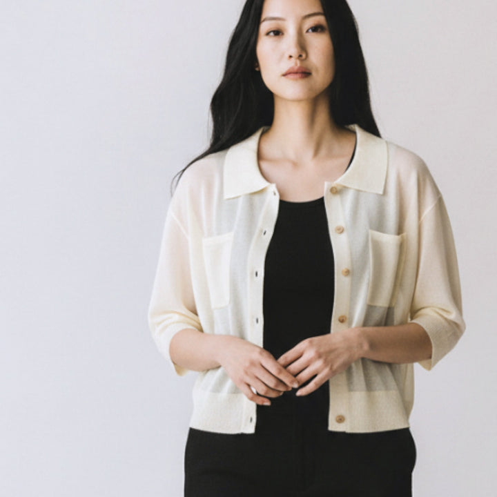 雙口袋針織外套 - 米白｜Mylanka