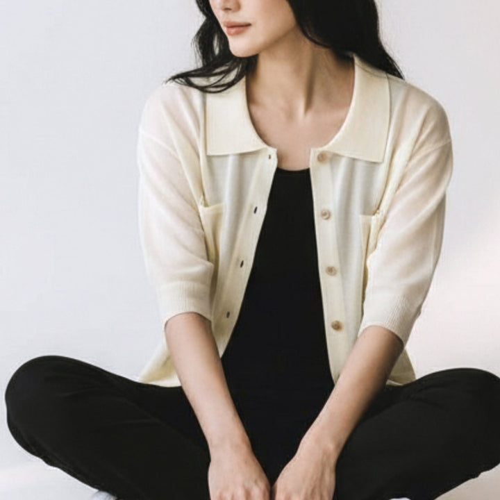雙口袋針織外套 - 米白｜Mylanka