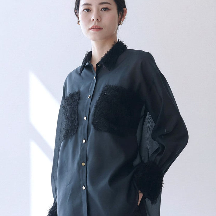 雙口袋薄透襯衫 - 黑｜BRAHMIN