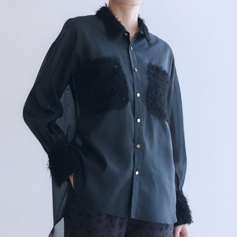 雙口袋薄透襯衫 - 黑｜BRAHMIN