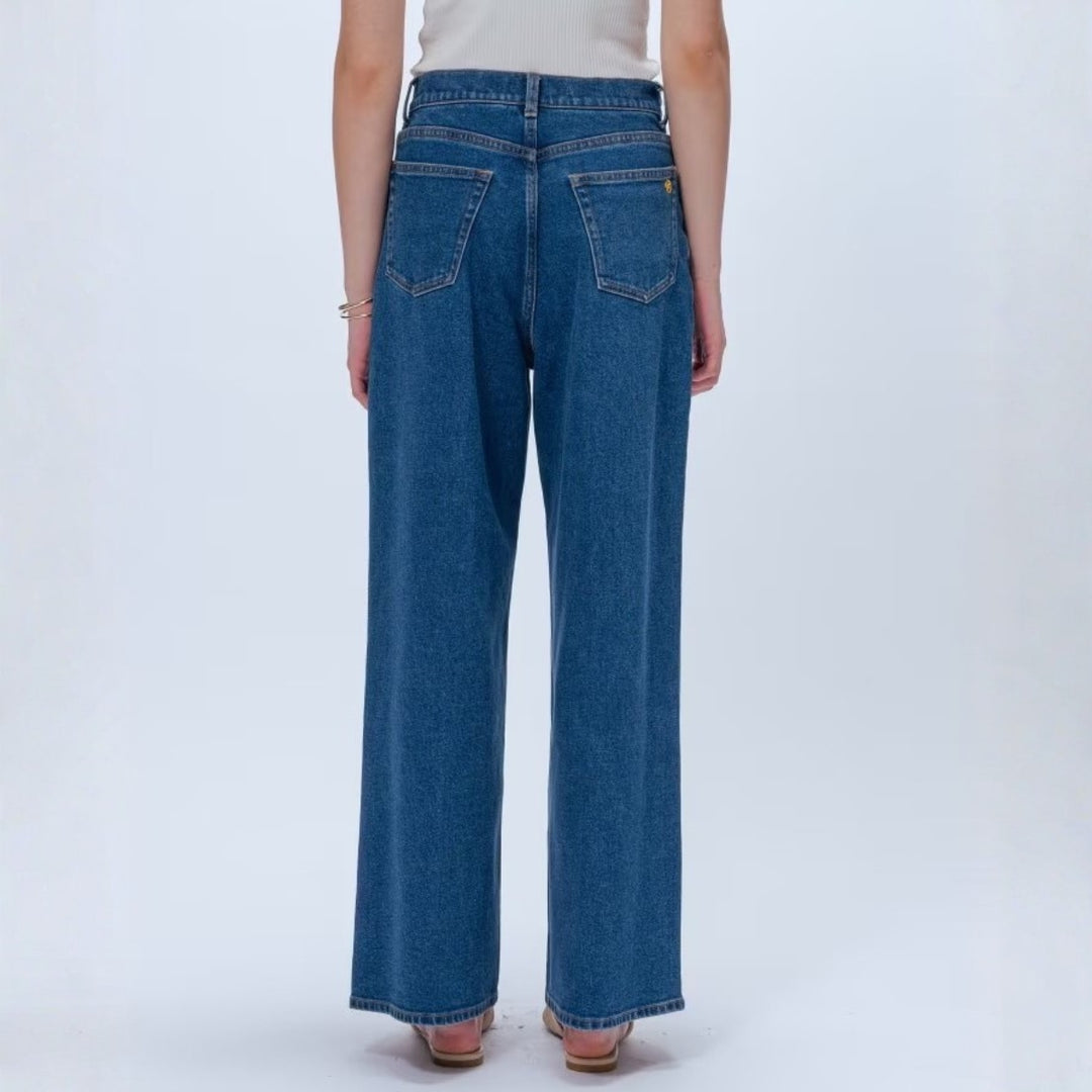 中線設計彈性丹寧寬褲 - 淺藍｜cloenc