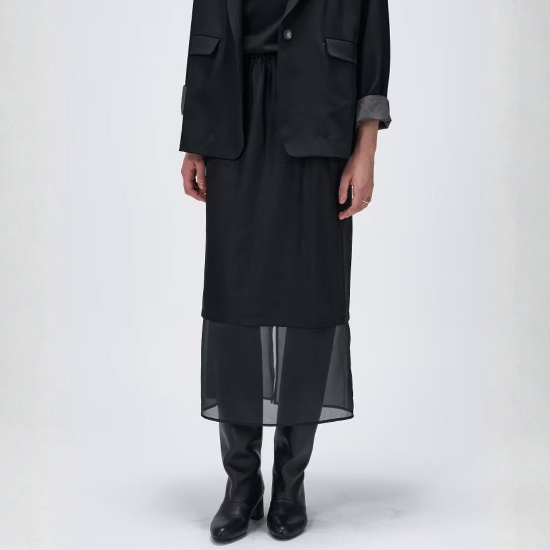 薄透層次感拼接裙 - 黑｜cloenc