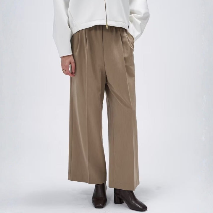 打褶設計鬆緊腰帶寬直筒褲 - 灰米｜cloenc