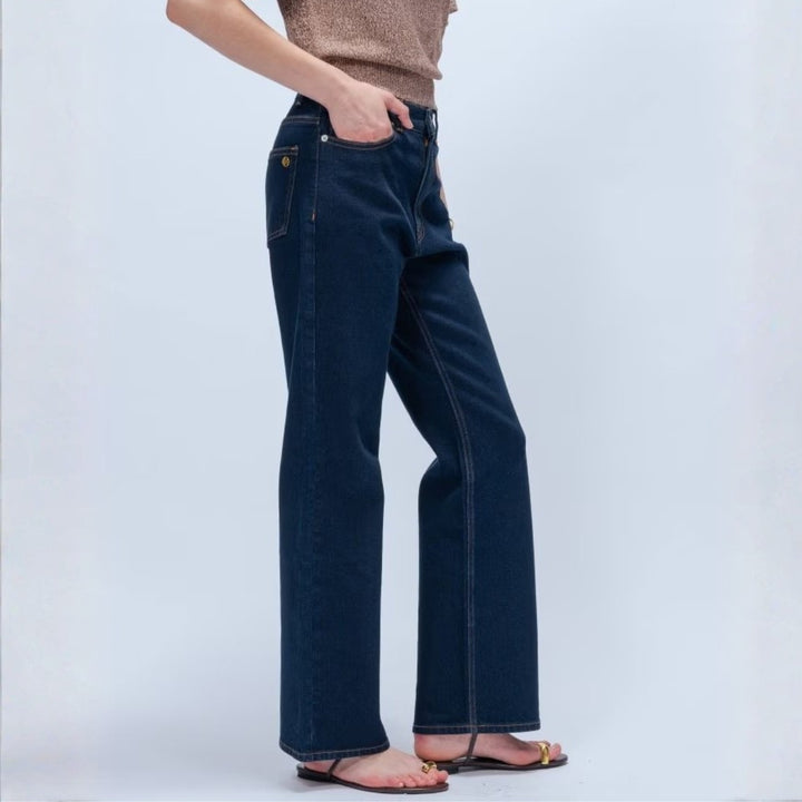 簡約彈性單寧喇叭褲 - 深藍｜cloenc