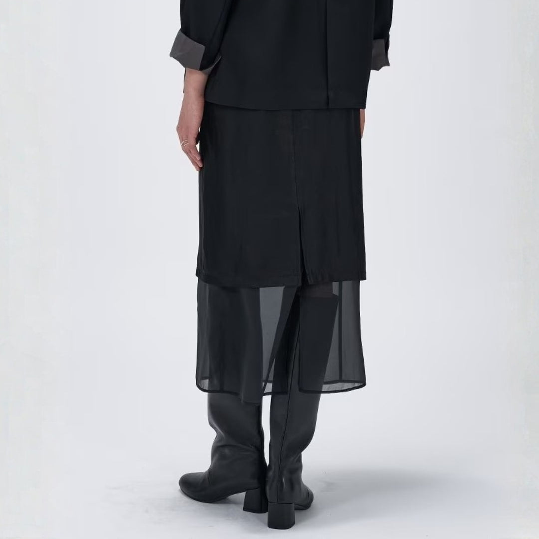 薄透層次感拼接裙 - 黑｜cloenc