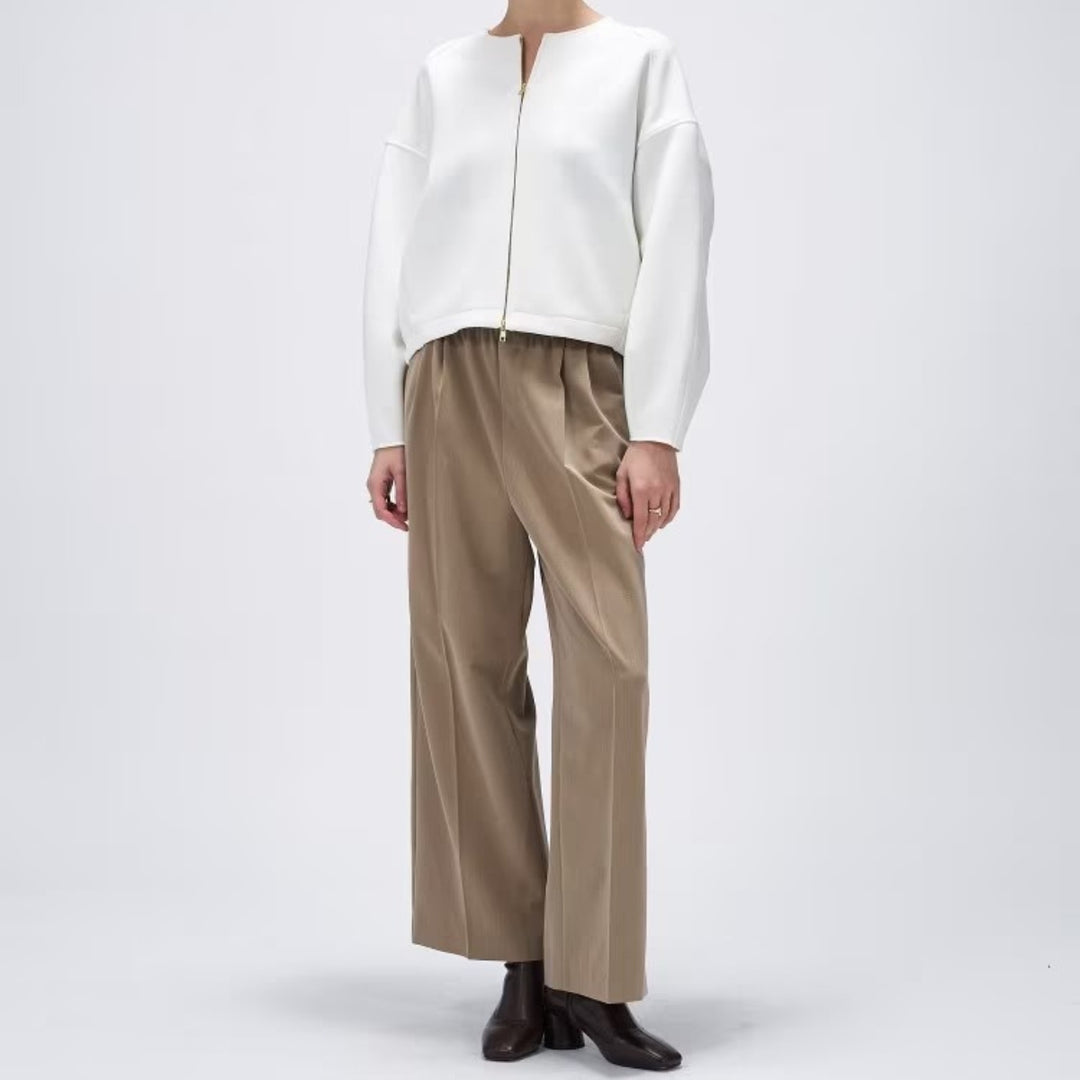 打褶設計鬆緊腰帶寬直筒褲 - 灰米｜cloenc