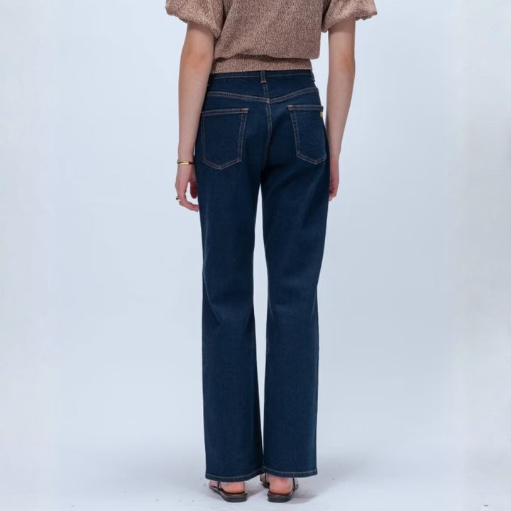 簡約彈性單寧喇叭褲 - 深藍｜cloenc