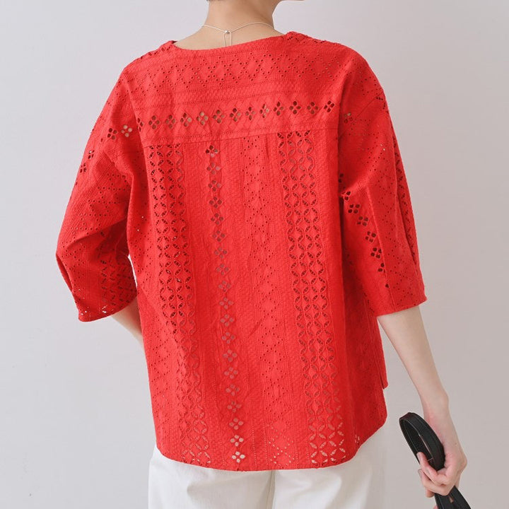 斜領刺繡蕾絲上衣 - 紅｜INDIVI