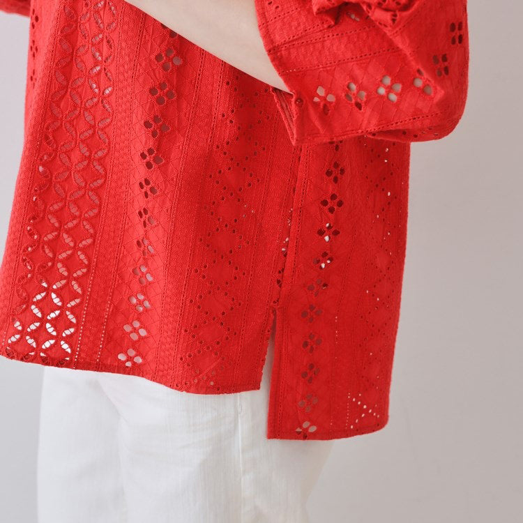 斜領刺繡蕾絲上衣 - 紅｜INDIVI