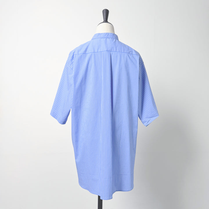 細條紋立領短袖襯衫 - 藍｜Alma Design