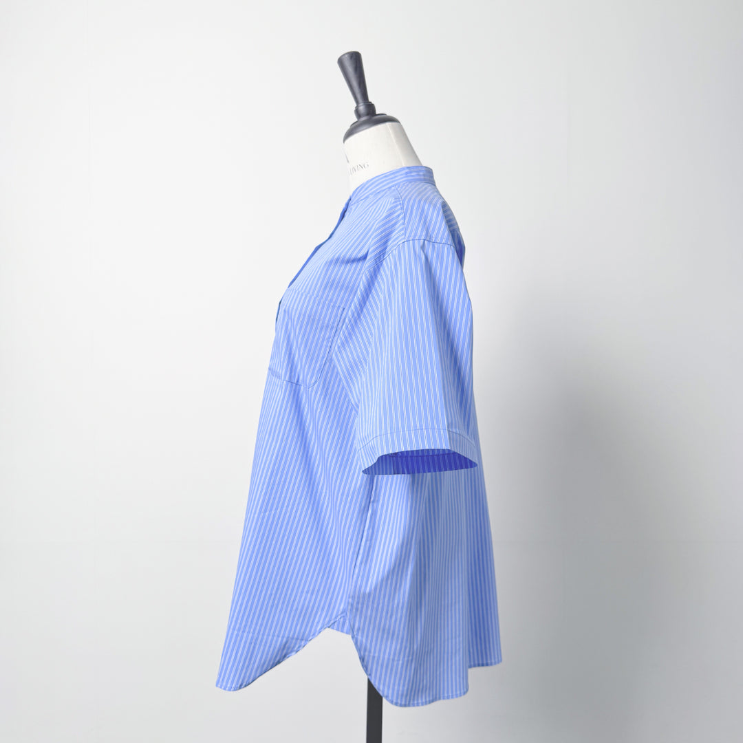 細條紋立領短袖襯衫 - 藍｜Alma Design