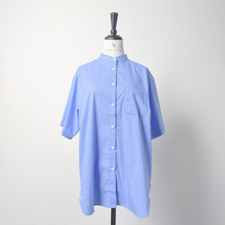 細條紋立領短袖襯衫 - 藍｜Alma Design