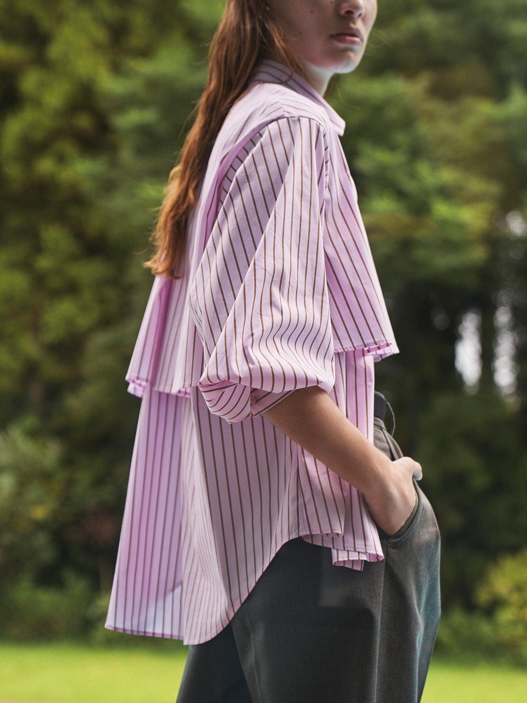 條紋層次剪裁襯衫 - 粉｜ELENDEEK