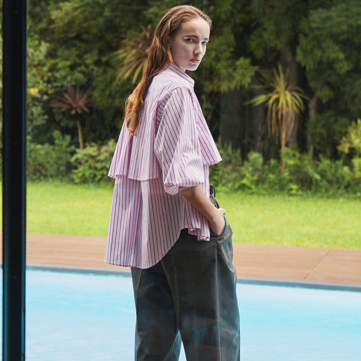 條紋層次剪裁襯衫 - 粉｜ELENDEEK