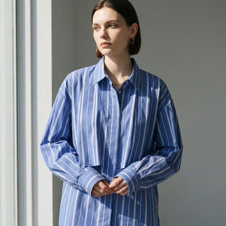 條紋層次剪裁襯衫 - 藍｜ELENDEEK
