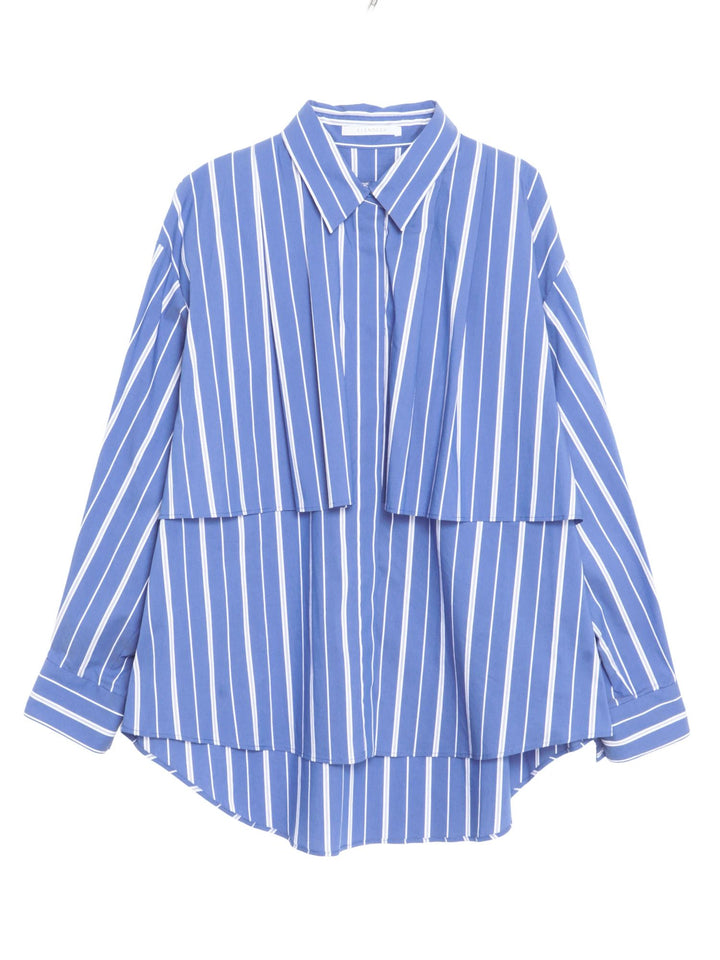 條紋層次剪裁襯衫 - 藍｜ELENDEEK