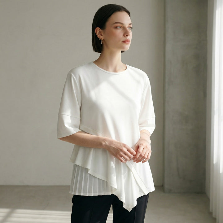 荷葉拼接喇叭剪裁上衣 - 白｜ELENDEEK