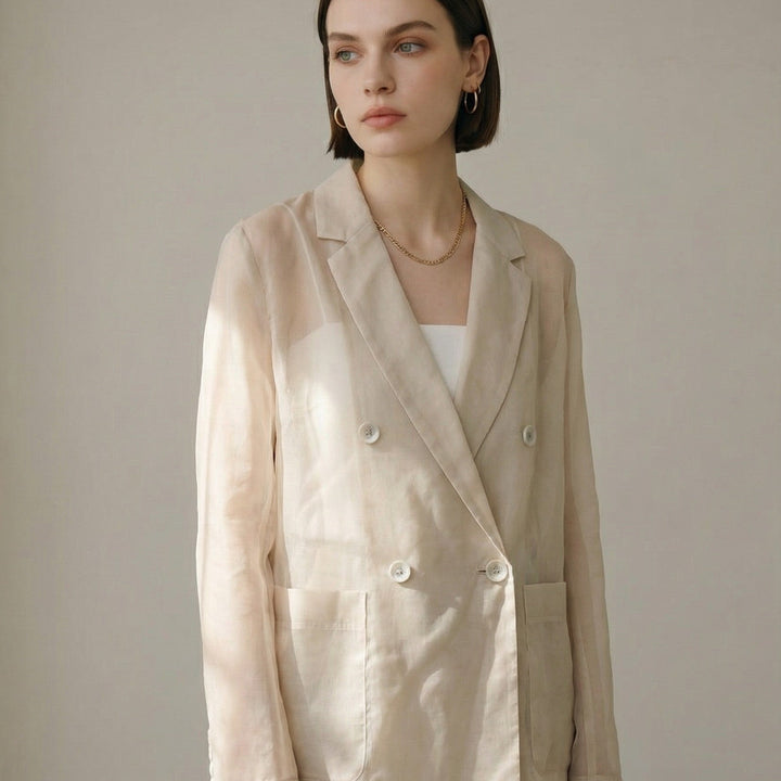 透膚感雙排釦西裝外套 - 杏｜ELENDEEK