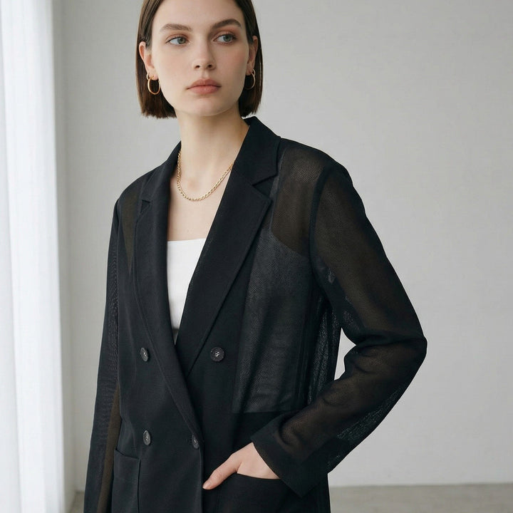 透膚感雙排釦西裝外套 - 黑｜ELENDEEK