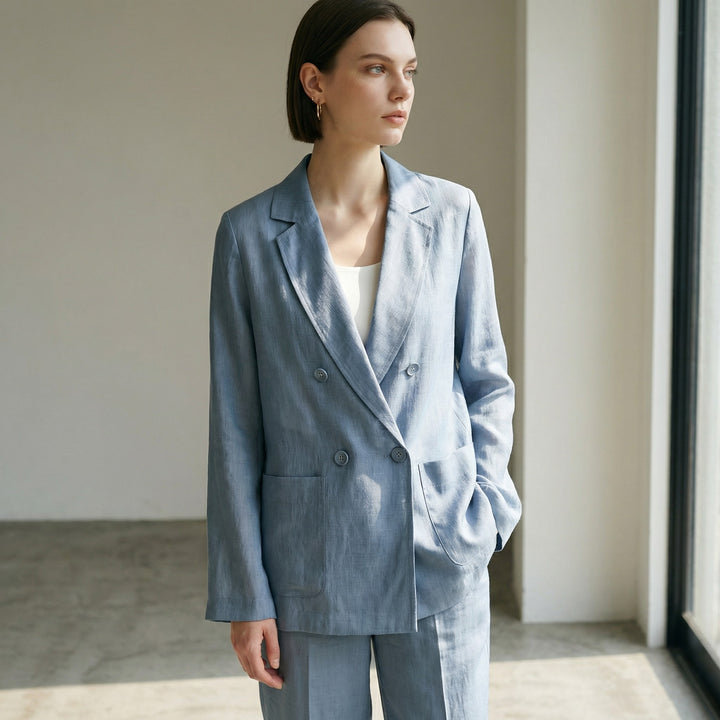 透膚感雙排釦西裝外套 - 藍｜ELENDEEK