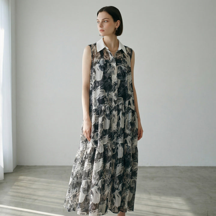 暈影花卉層次洋裝 - 黑｜ELENDEEK