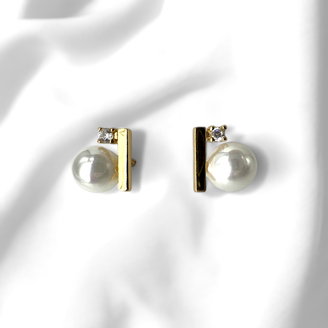 珍珠銀鑽耳環-金