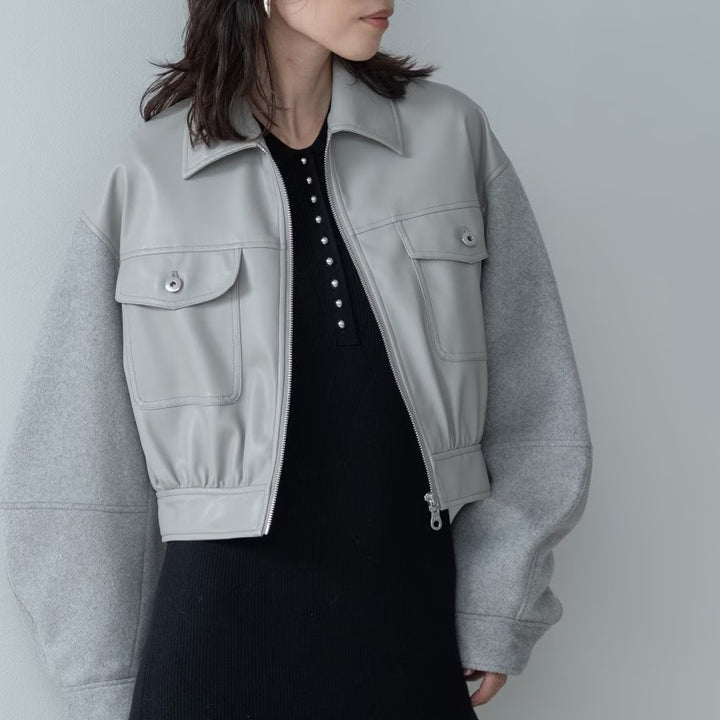 皮革質感拼接短版外套 - 淺灰｜GALLEST