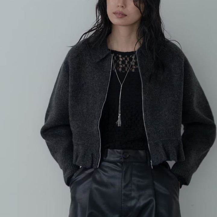 荷葉下擺拉鍊開襟衫 - 炭灰｜GALLEST