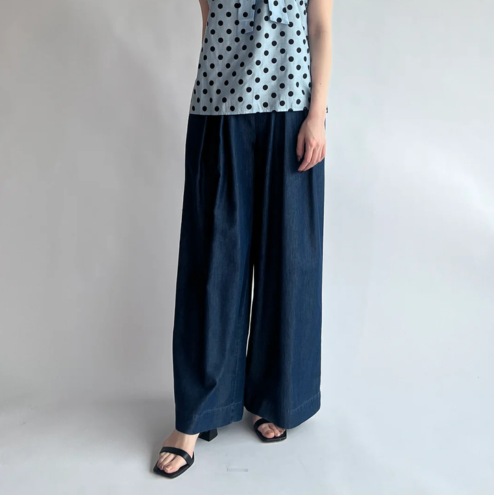 天絲丹寧打褶鬆緊長褲 - 靛藍｜BRAHMIN