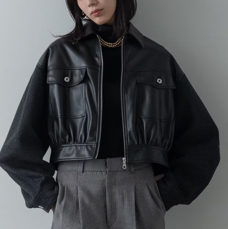 皮革質感拼接短版外套 - 黑｜GALLEST
