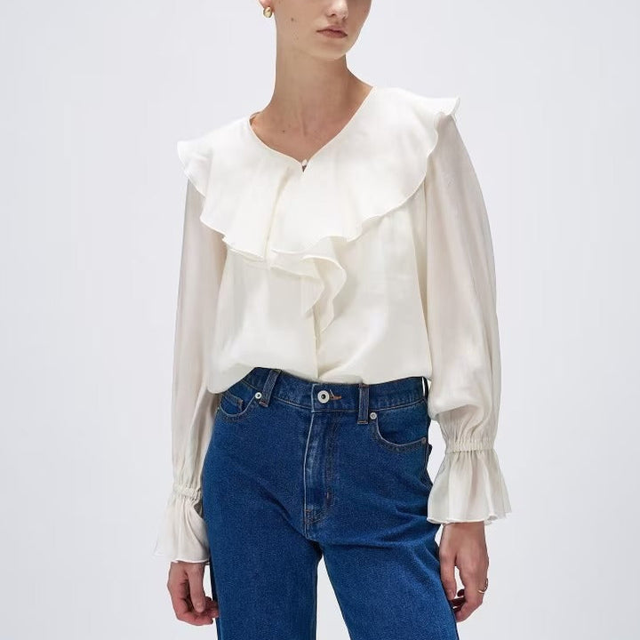 柔美荷葉V領襯衫 - 米白｜cloenc