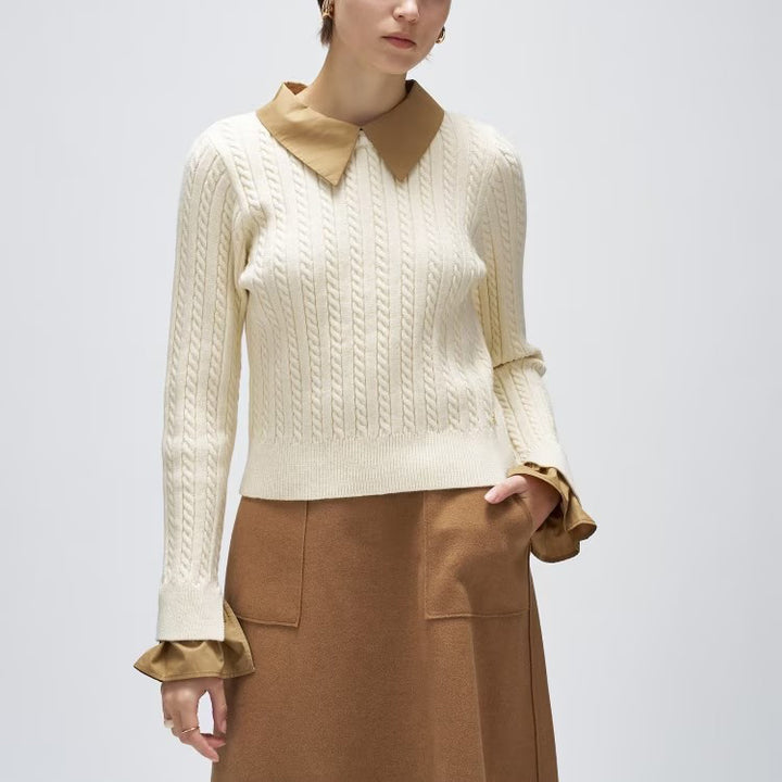 2WAY雙色細麻花針織上衣 - 米白｜cloenc