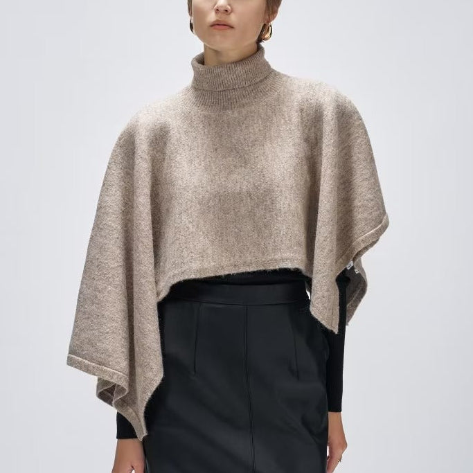 不對稱高領針織斗篷 - 灰米｜cloenc