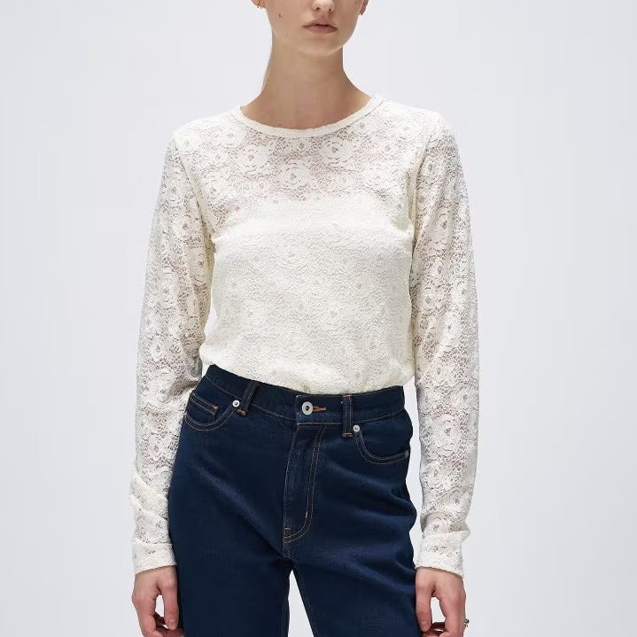 花卉蕾絲圓領長袖上衣 - 米白｜cloenc
