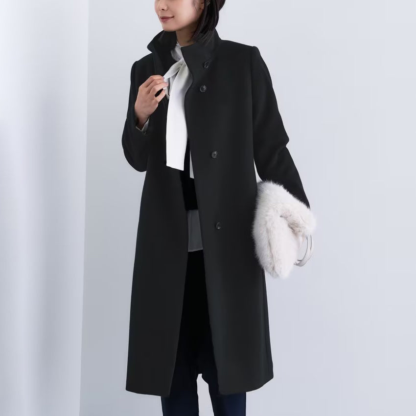 100％羊毛立領長版大衣 - 黑｜INDIVI 日本製