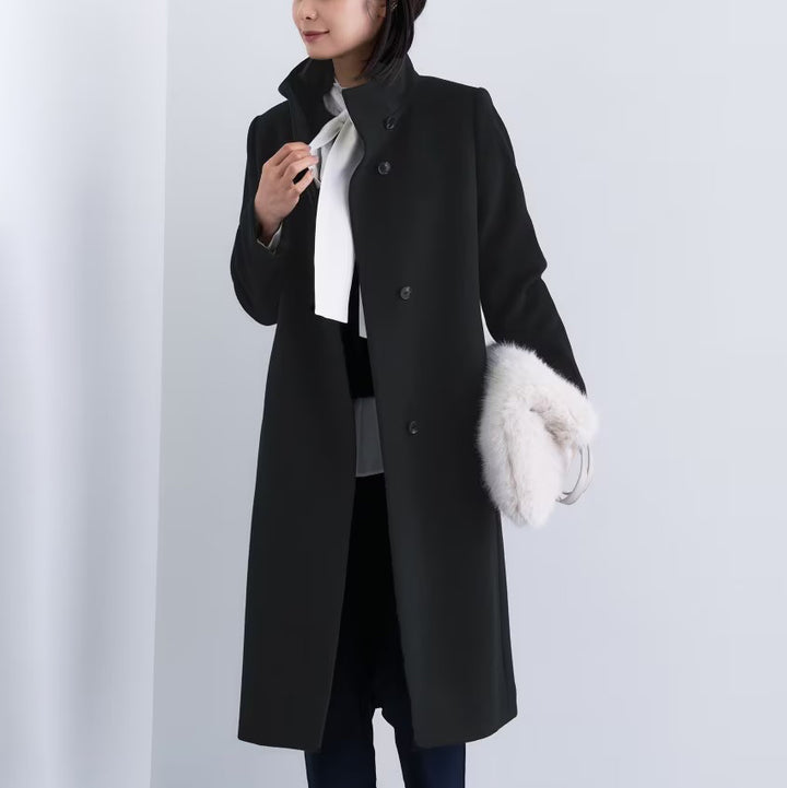 100％羊毛立領長版大衣 - 黑｜INDIVI 日本製