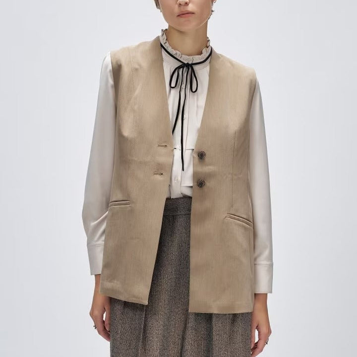 斜紋A字長版馬甲外套 - 灰米｜cloenc