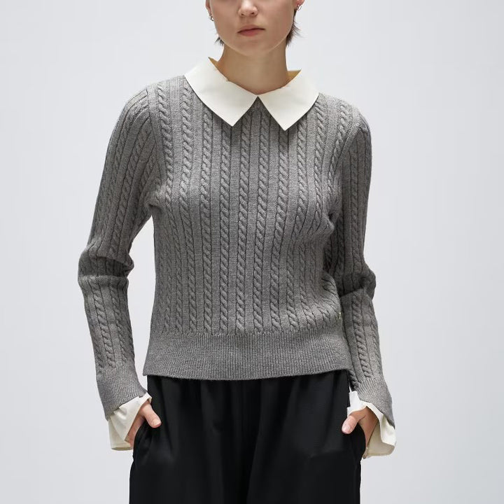 2WAY雙色細麻花針織上衣 - 灰｜cloenc