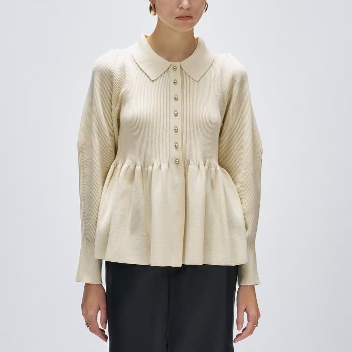 荷葉擺立體袖針織上衣 - 米白｜cloenc