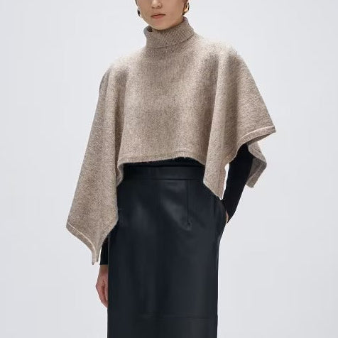 不對稱高領針織斗篷 - 灰米｜cloenc